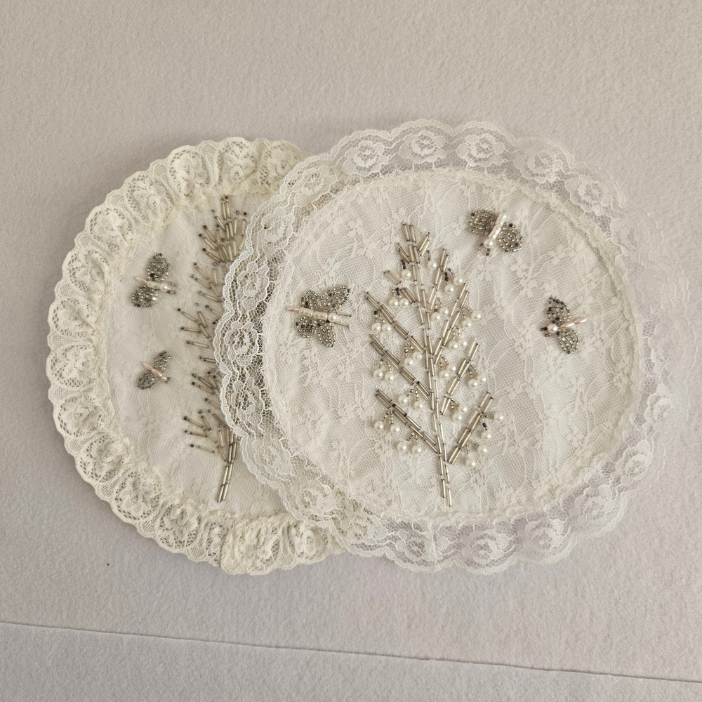 Vintage Beaded Lace Doilies Ivory Pearl Butterfly Set of 2 Handmade Cottagecore‎